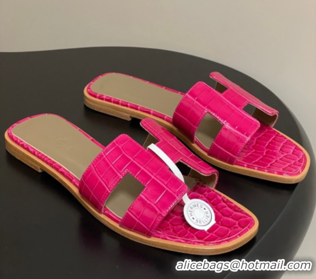 Best Product Hermes Oran Classic Flat Slides Sandal in Crocodile Embossed Calfskin Hot Pink 2025 H081803