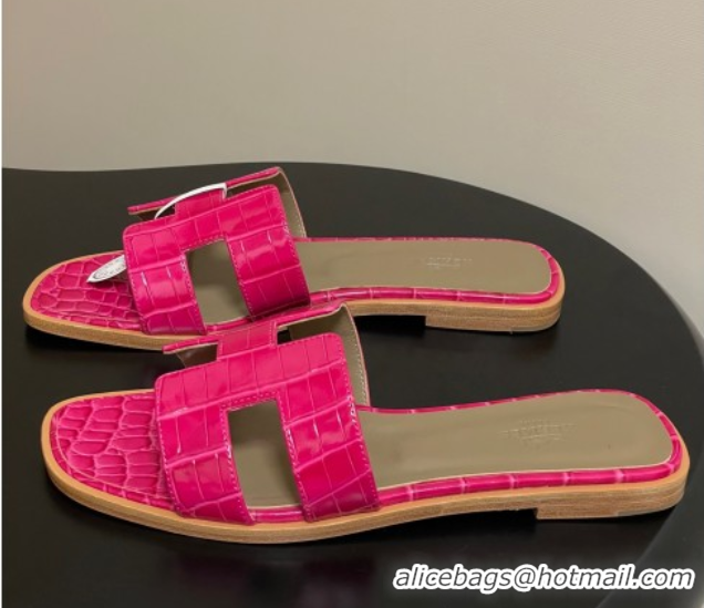Best Product Hermes Oran Classic Flat Slides Sandal in Crocodile Embossed Calfskin Hot Pink 2025 H081803