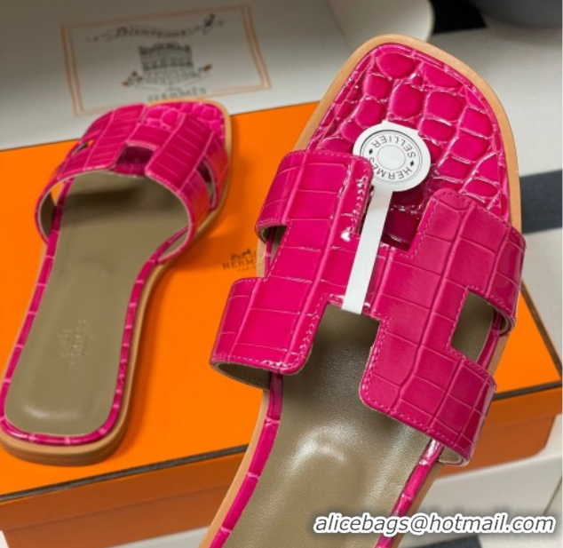 Best Product Hermes Oran Classic Flat Slides Sandal in Crocodile Embossed Calfskin Hot Pink 2025 H081803