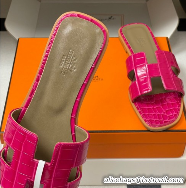 Best Product Hermes Oran Classic Flat Slides Sandal in Crocodile Embossed Calfskin Hot Pink 2025 H081803