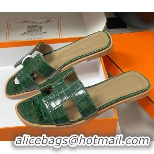 Good Product Hermes Oran Classic Flat Slides Sandal in Crocodile Embossed Calfskin Green 2025 H081803
