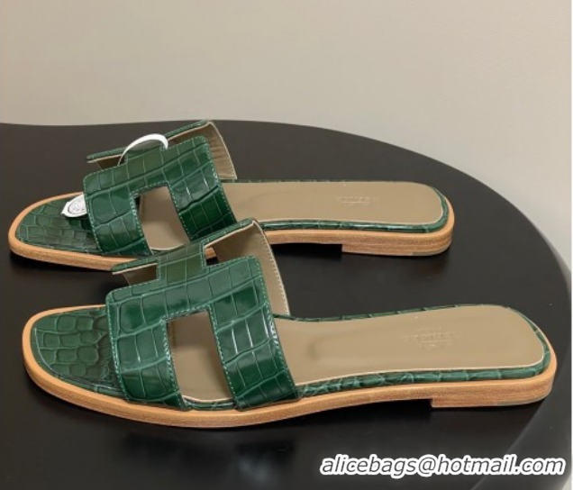 Good Product Hermes Oran Classic Flat Slides Sandal in Crocodile Embossed Calfskin Green 2025 H081803