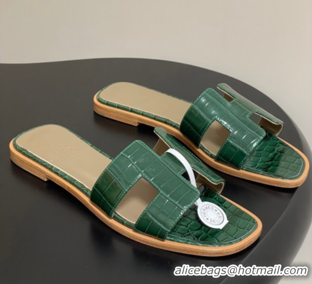 Good Product Hermes Oran Classic Flat Slides Sandal in Crocodile Embossed Calfskin Green 2025 H081803