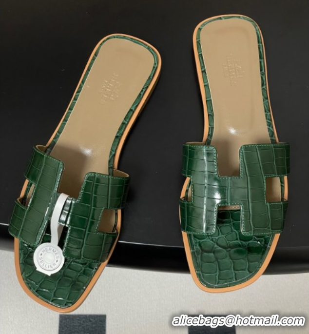 Good Product Hermes Oran Classic Flat Slides Sandal in Crocodile Embossed Calfskin Green 2025 H081803