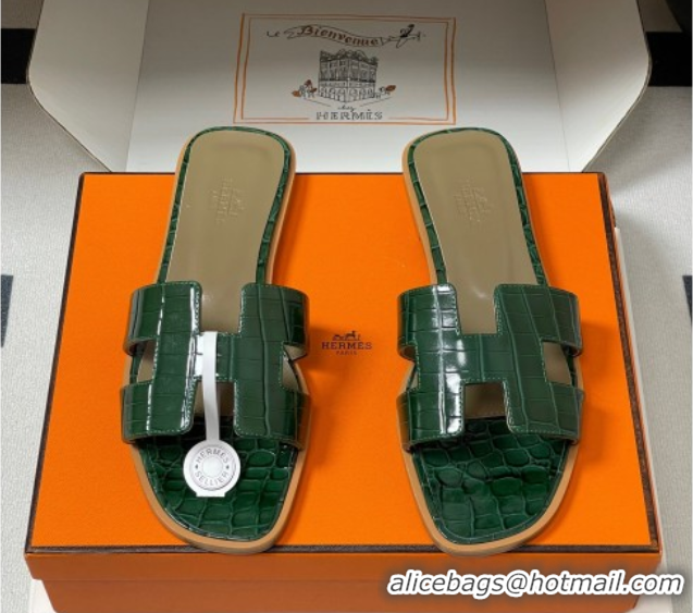 Good Product Hermes Oran Classic Flat Slides Sandal in Crocodile Embossed Calfskin Green 2025 H081803