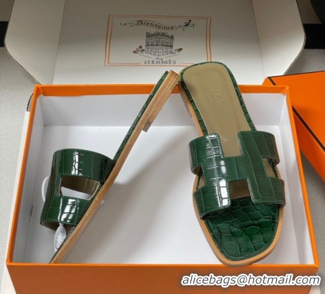 Good Product Hermes Oran Classic Flat Slides Sandal in Crocodile Embossed Calfskin Green 2025 H081803