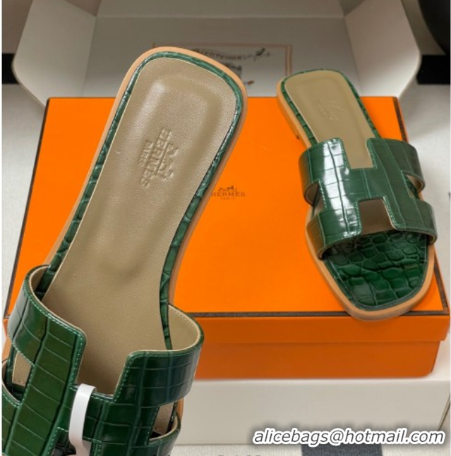 Good Product Hermes Oran Classic Flat Slides Sandal in Crocodile Embossed Calfskin Green 2025 H081803