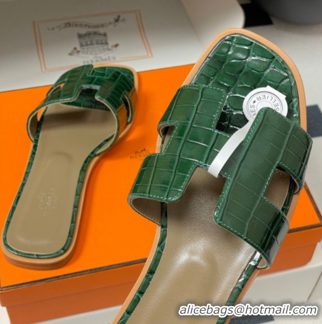 Good Product Hermes Oran Classic Flat Slides Sandal in Crocodile Embossed Calfskin Green 2025 H081803