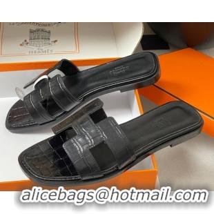 Charming Hermes Oran Classic Flat Slides Sandal in Stone Embossed Calfskin Black 2025 H081803