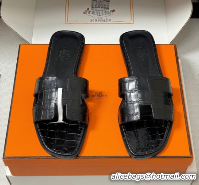 Charming Hermes Oran Classic Flat Slides Sandal in Stone Embossed Calfskin Black 2025 H081803