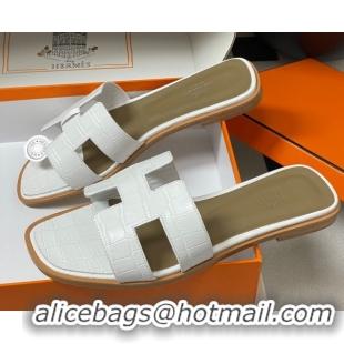 Popular Style Hermes Oran Classic Flat Slides Sandal in Stone Embossed Calfskin White 2025 H081803