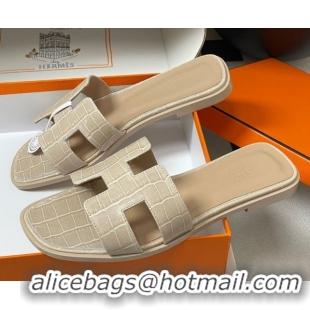Classic Hot Hermes Oran Classic Flat Slides Sandal in Stone Embossed Calfskin Beige H081803