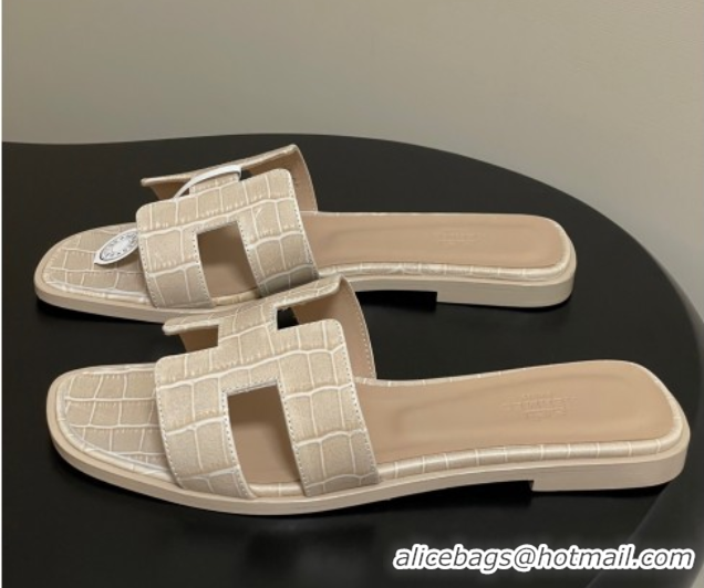 Classic Hot Hermes Oran Classic Flat Slides Sandal in Stone Embossed Calfskin Beige H081803