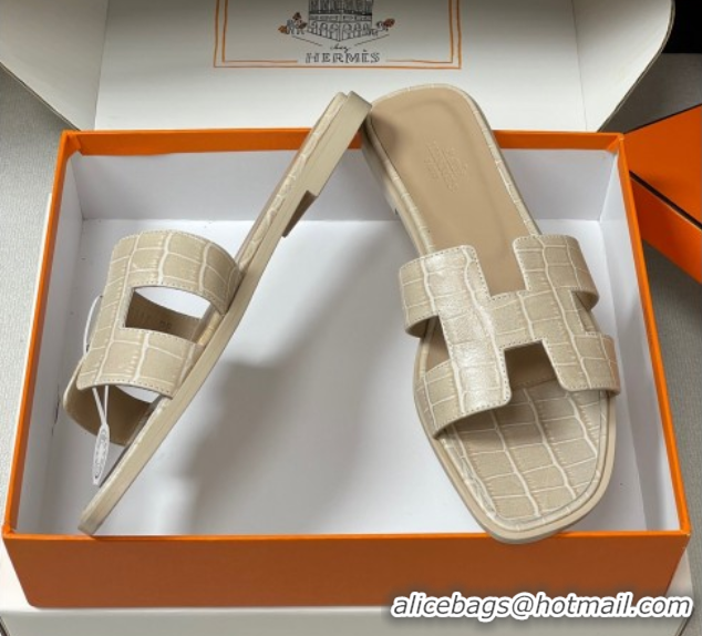 Classic Hot Hermes Oran Classic Flat Slides Sandal in Stone Embossed Calfskin Beige H081803