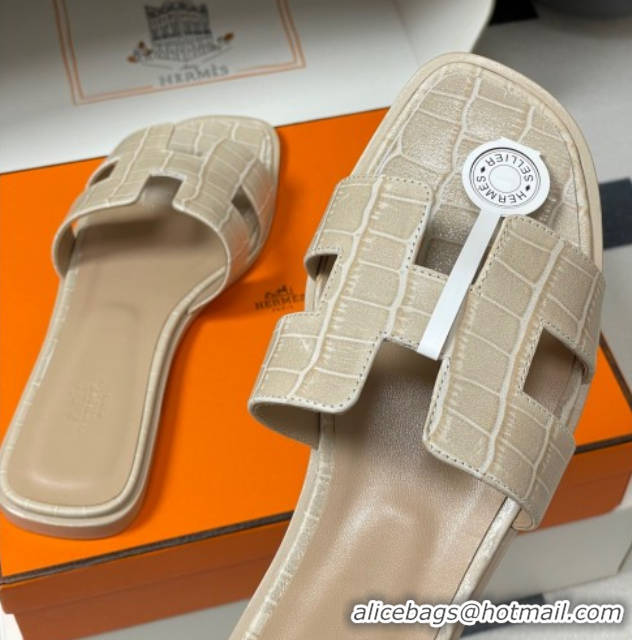 Classic Hot Hermes Oran Classic Flat Slides Sandal in Stone Embossed Calfskin Beige H081803