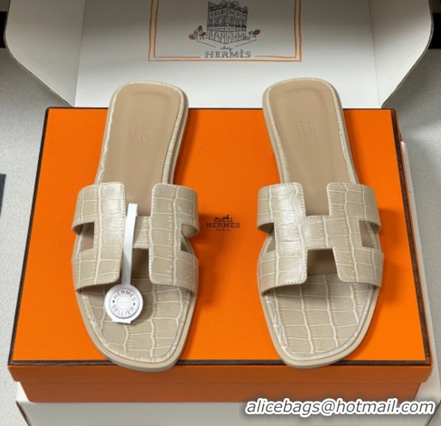 Classic Hot Hermes Oran Classic Flat Slides Sandal in Stone Embossed Calfskin Beige H081803
