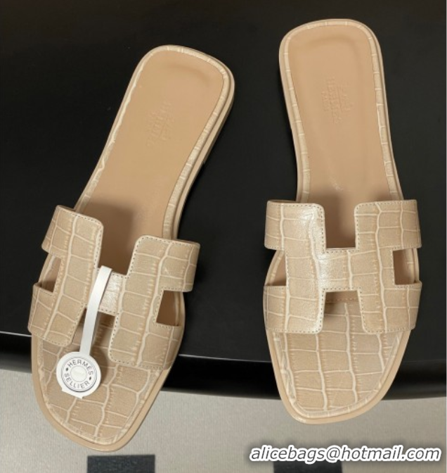 Classic Hot Hermes Oran Classic Flat Slides Sandal in Stone Embossed Calfskin Beige H081803