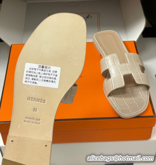 Classic Hot Hermes Oran Classic Flat Slides Sandal in Stone Embossed Calfskin Beige H081803