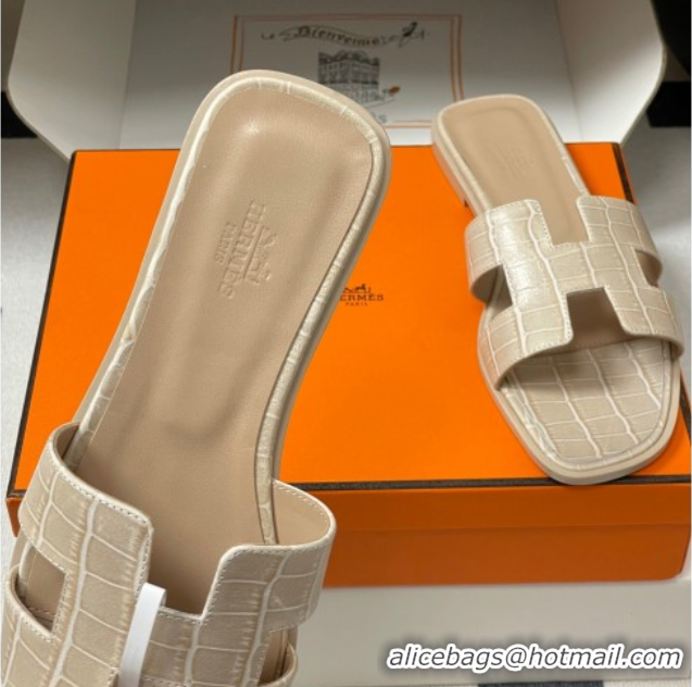 Classic Hot Hermes Oran Classic Flat Slides Sandal in Stone Embossed Calfskin Beige H081803