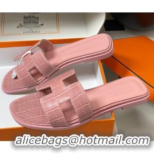Top Design Hermes Oran Classic Flat Slides Sandal in Stone Embossed Calfskin Pink 2025 H081803