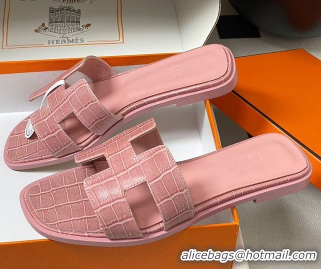 Top Design Hermes Oran Classic Flat Slides Sandal in Stone Embossed Calfskin Pink 2025 H081803
