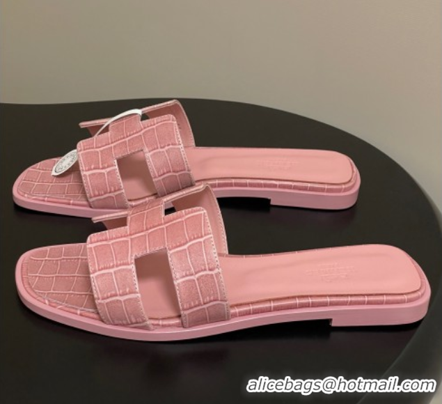 Top Design Hermes Oran Classic Flat Slides Sandal in Stone Embossed Calfskin Pink 2025 H081803