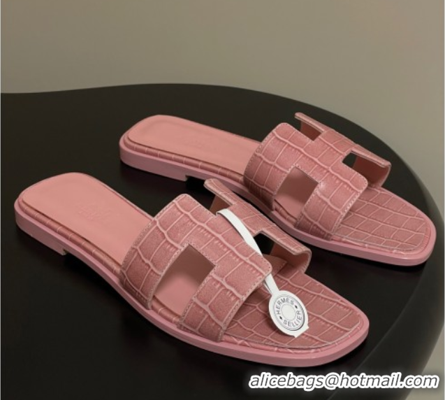 Top Design Hermes Oran Classic Flat Slides Sandal in Stone Embossed Calfskin Pink 2025 H081803