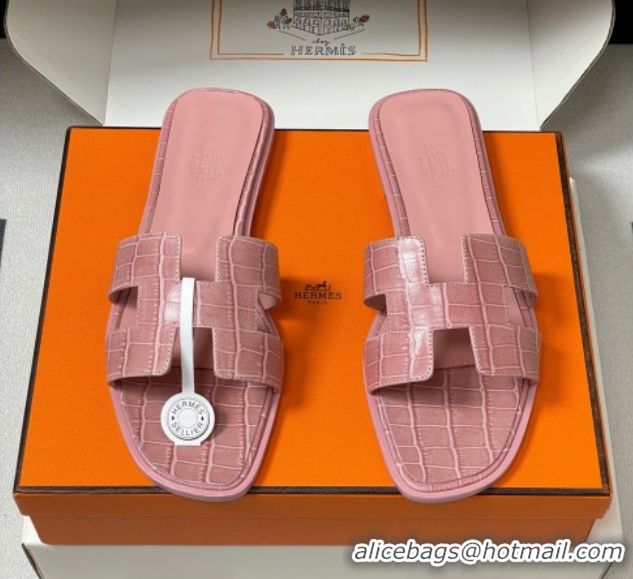 Top Design Hermes Oran Classic Flat Slides Sandal in Stone Embossed Calfskin Pink 2025 H081803