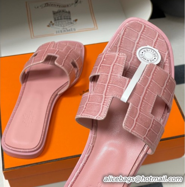 Top Design Hermes Oran Classic Flat Slides Sandal in Stone Embossed Calfskin Pink 2025 H081803