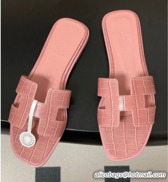 Top Design Hermes Oran Classic Flat Slides Sandal in Stone Embossed Calfskin Pink 2025 H081803