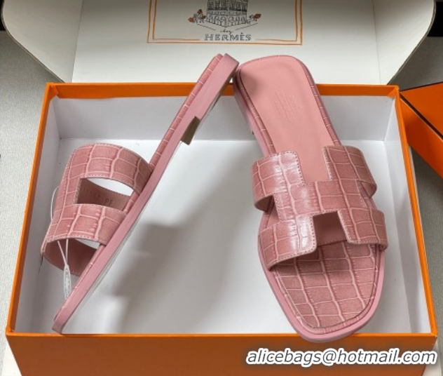Top Design Hermes Oran Classic Flat Slides Sandal in Stone Embossed Calfskin Pink 2025 H081803