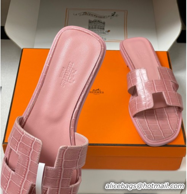 Top Design Hermes Oran Classic Flat Slides Sandal in Stone Embossed Calfskin Pink 2025 H081803
