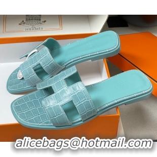 Cheap Price Hermes Oran Classic Flat Slides Sandal in Stone Embossed Calfskin Light Blue H081803