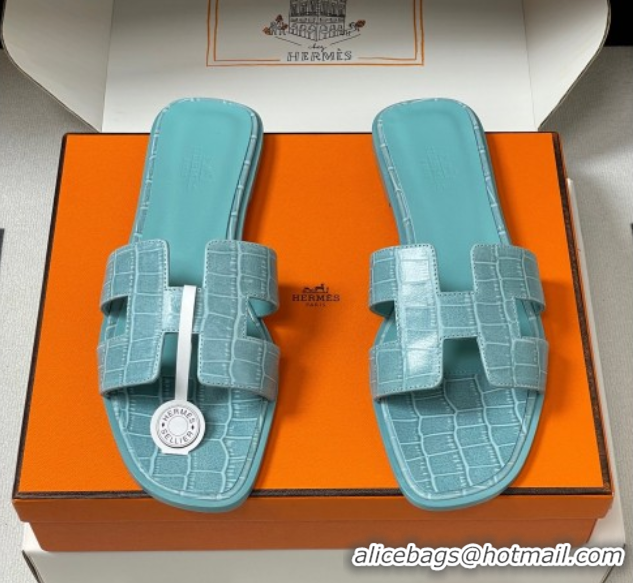 Cheap Price Hermes Oran Classic Flat Slides Sandal in Stone Embossed Calfskin Light Blue H081803