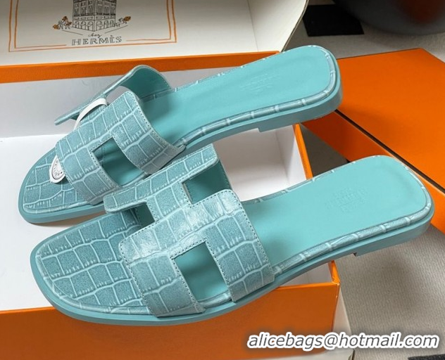 Cheap Price Hermes Oran Classic Flat Slides Sandal in Stone Embossed Calfskin Light Blue H081803