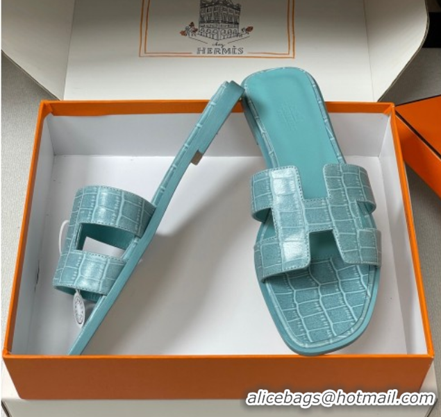 Cheap Price Hermes Oran Classic Flat Slides Sandal in Stone Embossed Calfskin Light Blue H081803