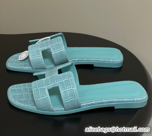 Cheap Price Hermes Oran Classic Flat Slides Sandal in Stone Embossed Calfskin Light Blue H081803