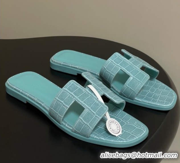 Cheap Price Hermes Oran Classic Flat Slides Sandal in Stone Embossed Calfskin Light Blue H081803