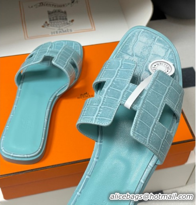 Cheap Price Hermes Oran Classic Flat Slides Sandal in Stone Embossed Calfskin Light Blue H081803