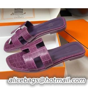 Good Product Hermes Oran Classic Flat Slides Sandal in Stone Embossed Calfskin Dark Purple 2025 H081803