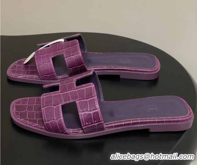 Good Product Hermes Oran Classic Flat Slides Sandal in Stone Embossed Calfskin Dark Purple 2025 H081803