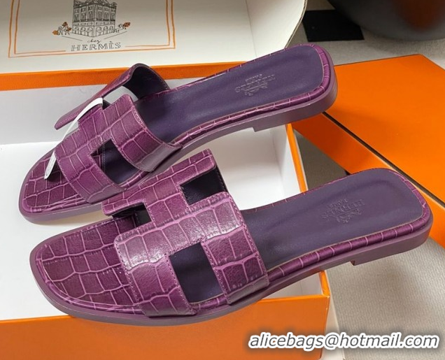Good Product Hermes Oran Classic Flat Slides Sandal in Stone Embossed Calfskin Dark Purple 2025 H081803