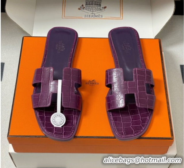 Good Product Hermes Oran Classic Flat Slides Sandal in Stone Embossed Calfskin Dark Purple 2025 H081803