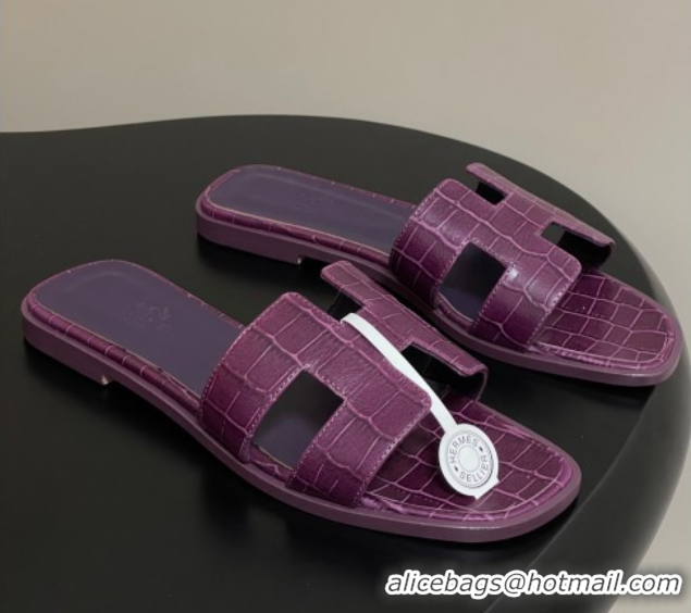 Good Product Hermes Oran Classic Flat Slides Sandal in Stone Embossed Calfskin Dark Purple 2025 H081803