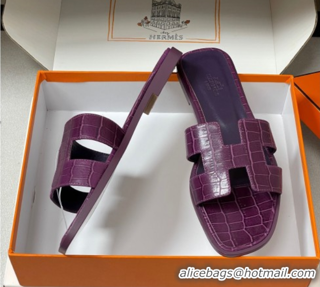 Good Product Hermes Oran Classic Flat Slides Sandal in Stone Embossed Calfskin Dark Purple 2025 H081803