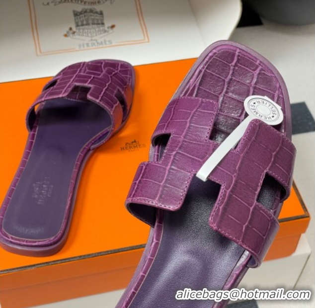Good Product Hermes Oran Classic Flat Slides Sandal in Stone Embossed Calfskin Dark Purple 2025 H081803