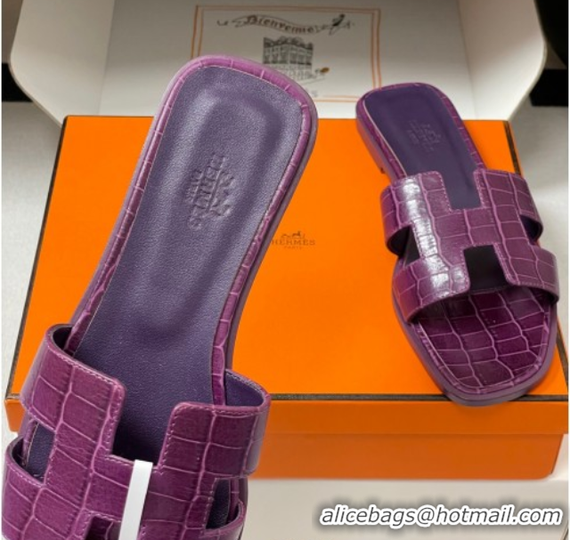Good Product Hermes Oran Classic Flat Slides Sandal in Stone Embossed Calfskin Dark Purple 2025 H081803