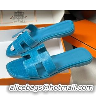 Hot Style Hermes Oran Classic Flat Slides Sandal in Stone Embossed Calfskin Blue2 2025 H081803