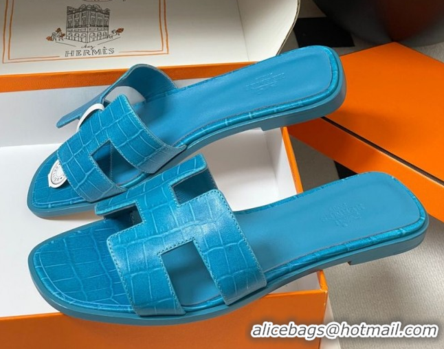 Hot Style Hermes Oran Classic Flat Slides Sandal in Stone Embossed Calfskin Blue2 2025 H081803