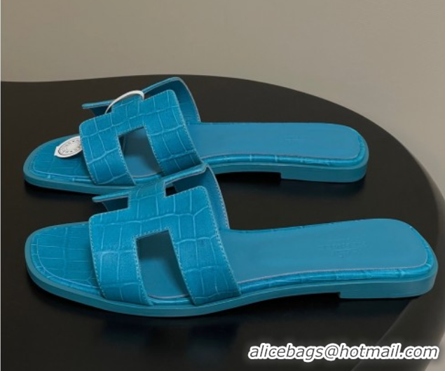 Hot Style Hermes Oran Classic Flat Slides Sandal in Stone Embossed Calfskin Blue2 2025 H081803